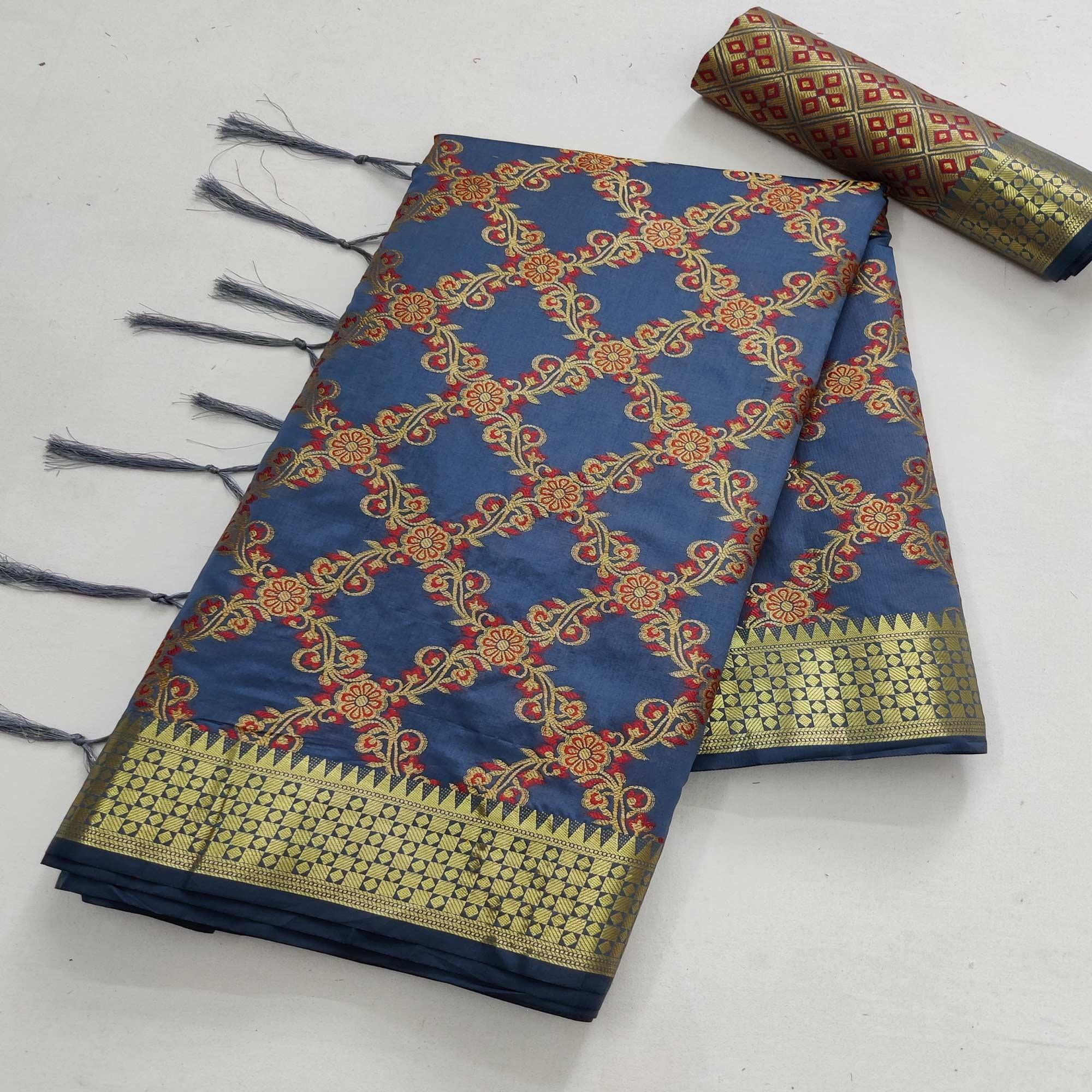 Blue Festive Wear Woven Silk Saree With Meena Butta Rich Pallu - Peachmode