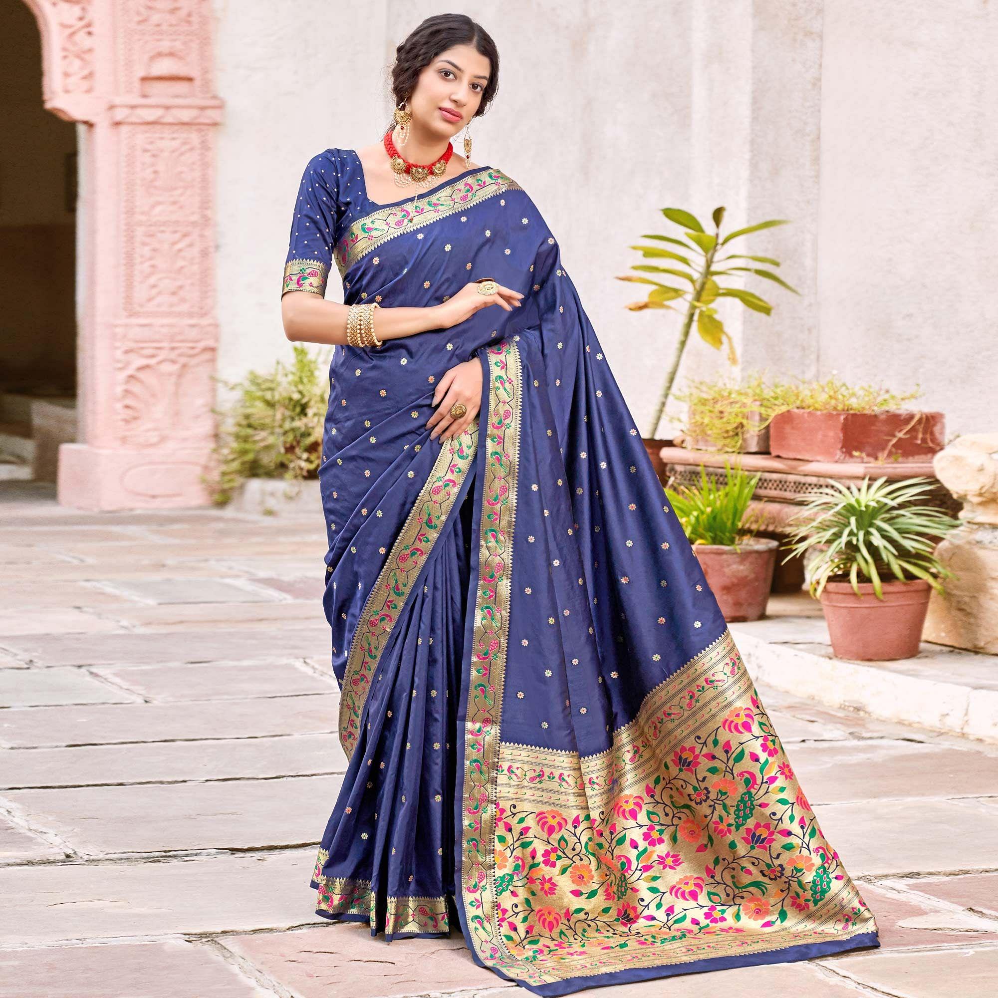 Blue Festive Wear Woven Soft Banarasi Silk Saree - Peachmode