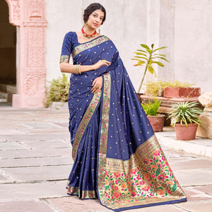 Blue Festive Wear Woven Soft Banarasi Silk Saree - Peachmode
