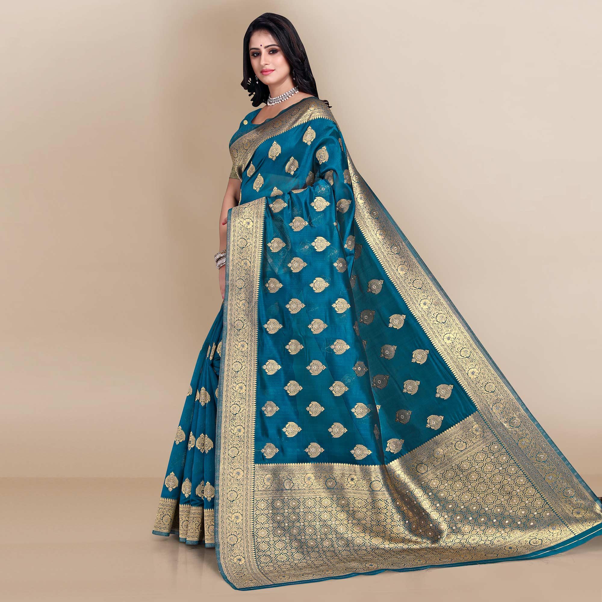Blue Festive Wear Woven Soft Banarasi Silk Saree - Peachmode