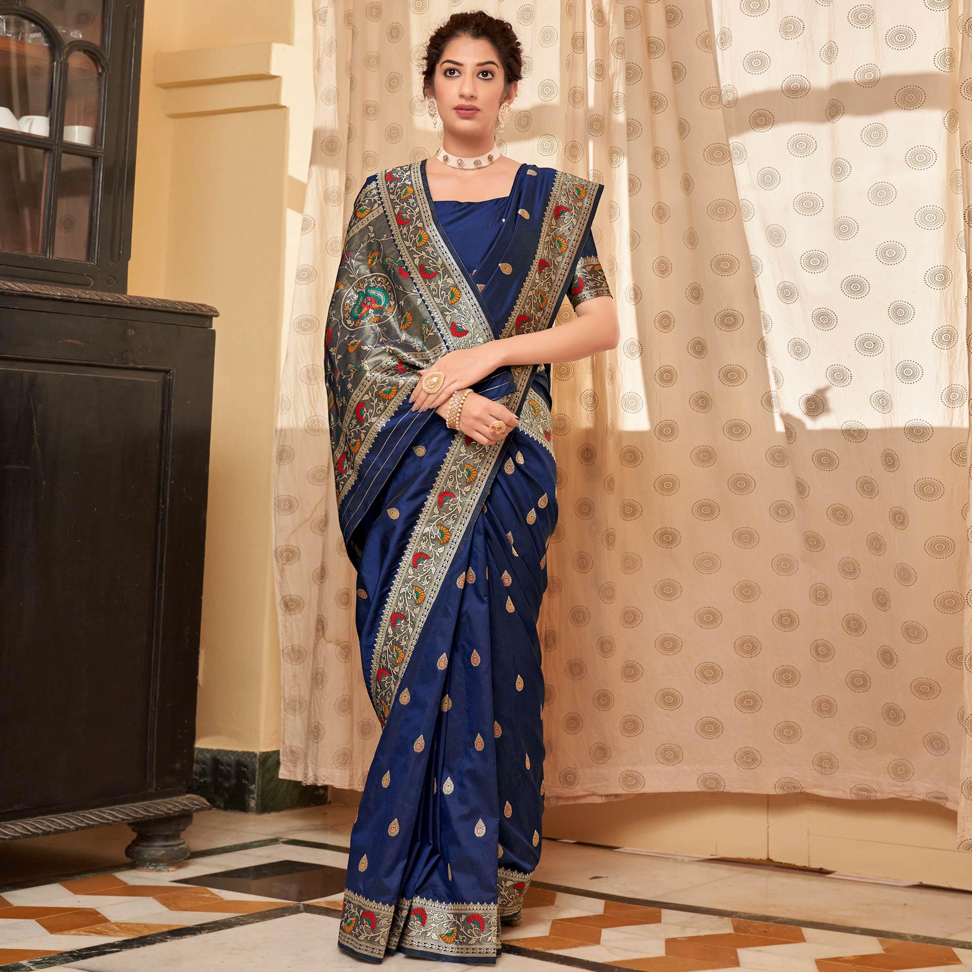 Blue Festive Wear Woven Soft Banarasi Silk Saree - Peachmode