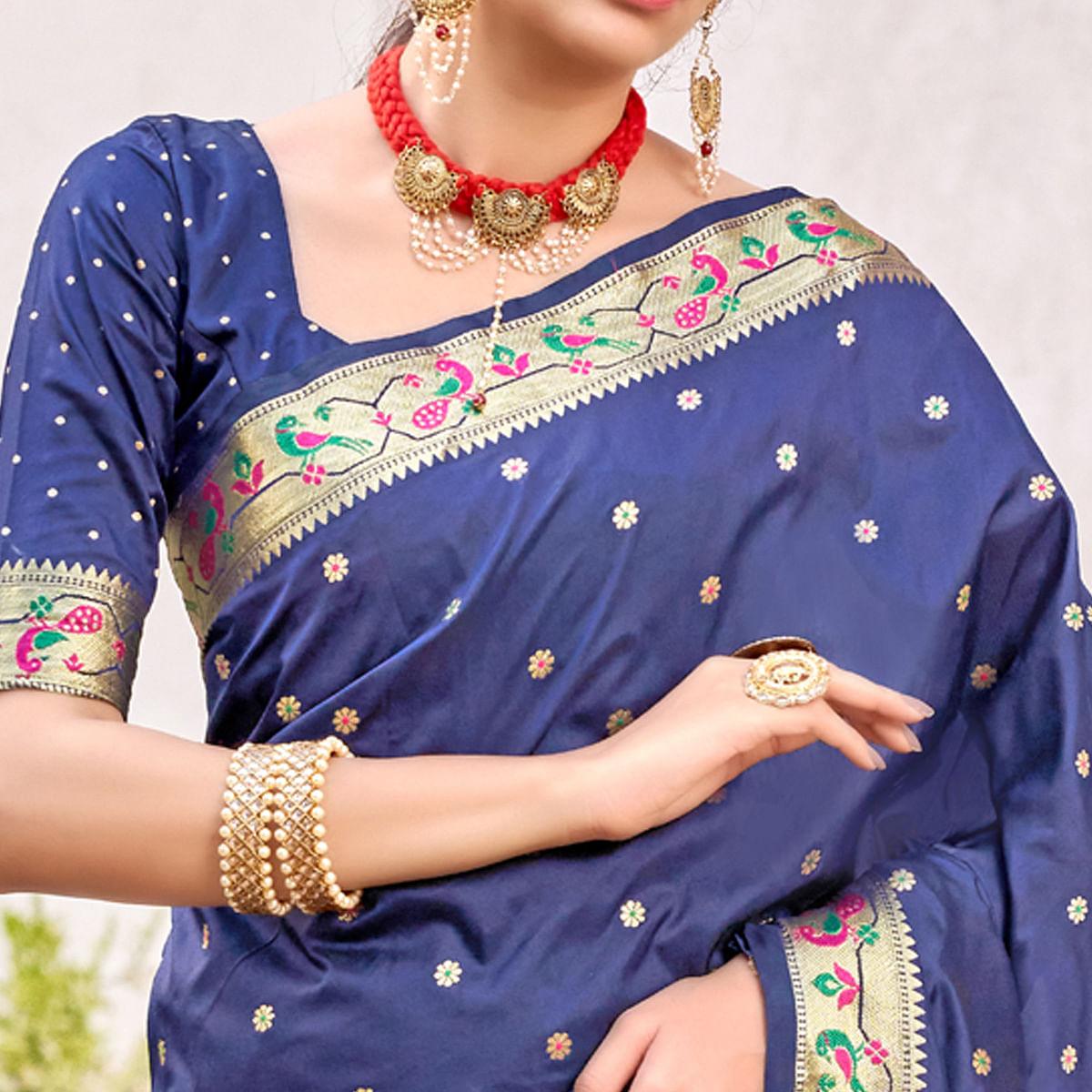 Blue Festive Wear Woven Soft Banarasi Silk Saree - Peachmode