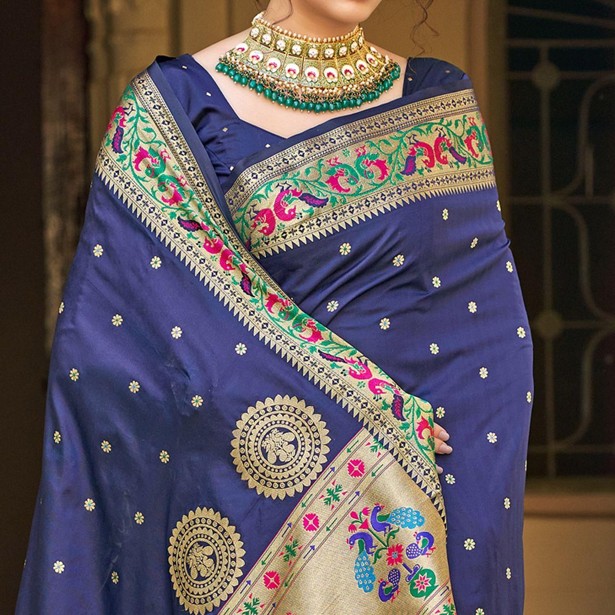 Blue Festive Wear Woven Soft Banarasi Silk Saree - Peachmode