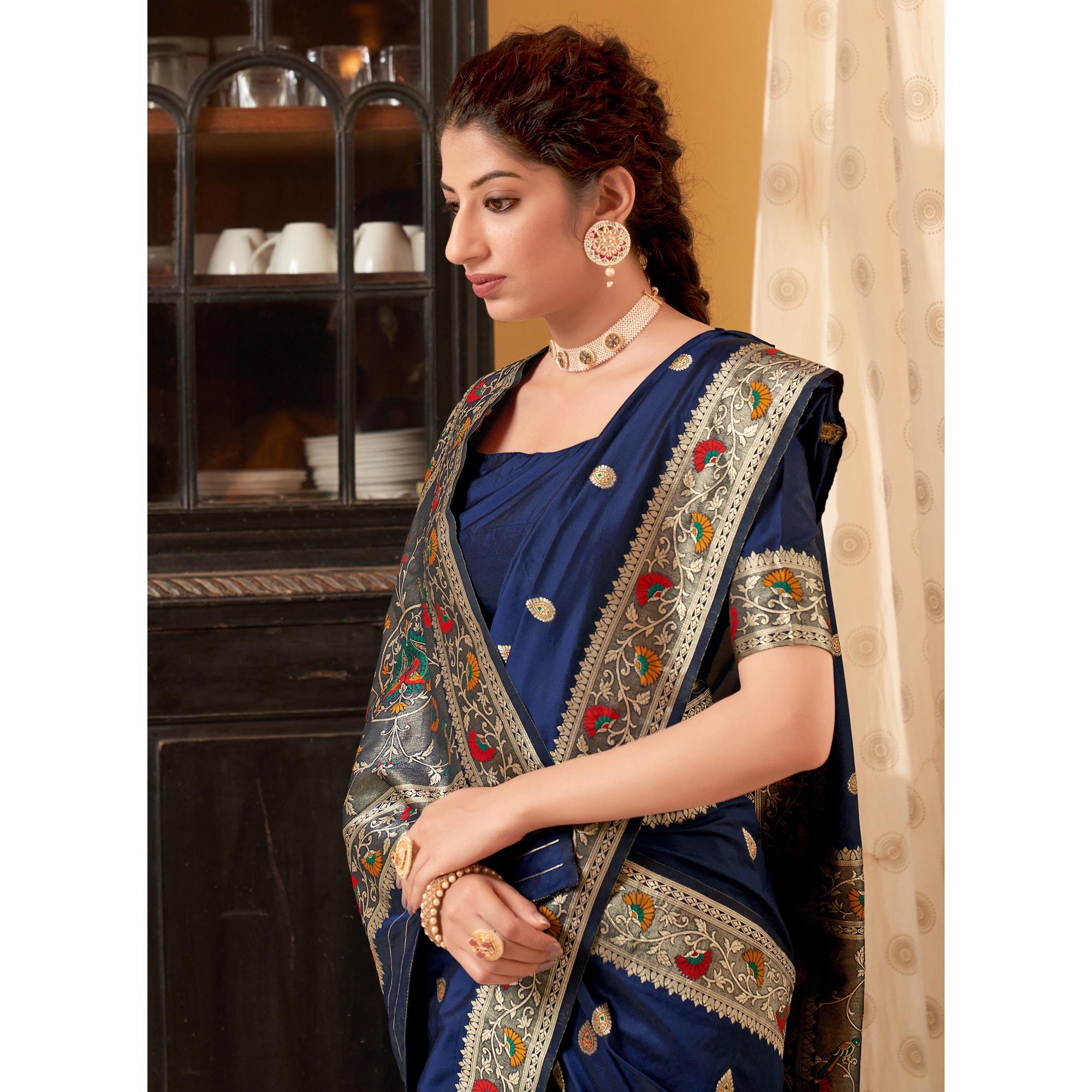 Blue Festive Wear Woven Soft Banarasi Silk Saree - Peachmode