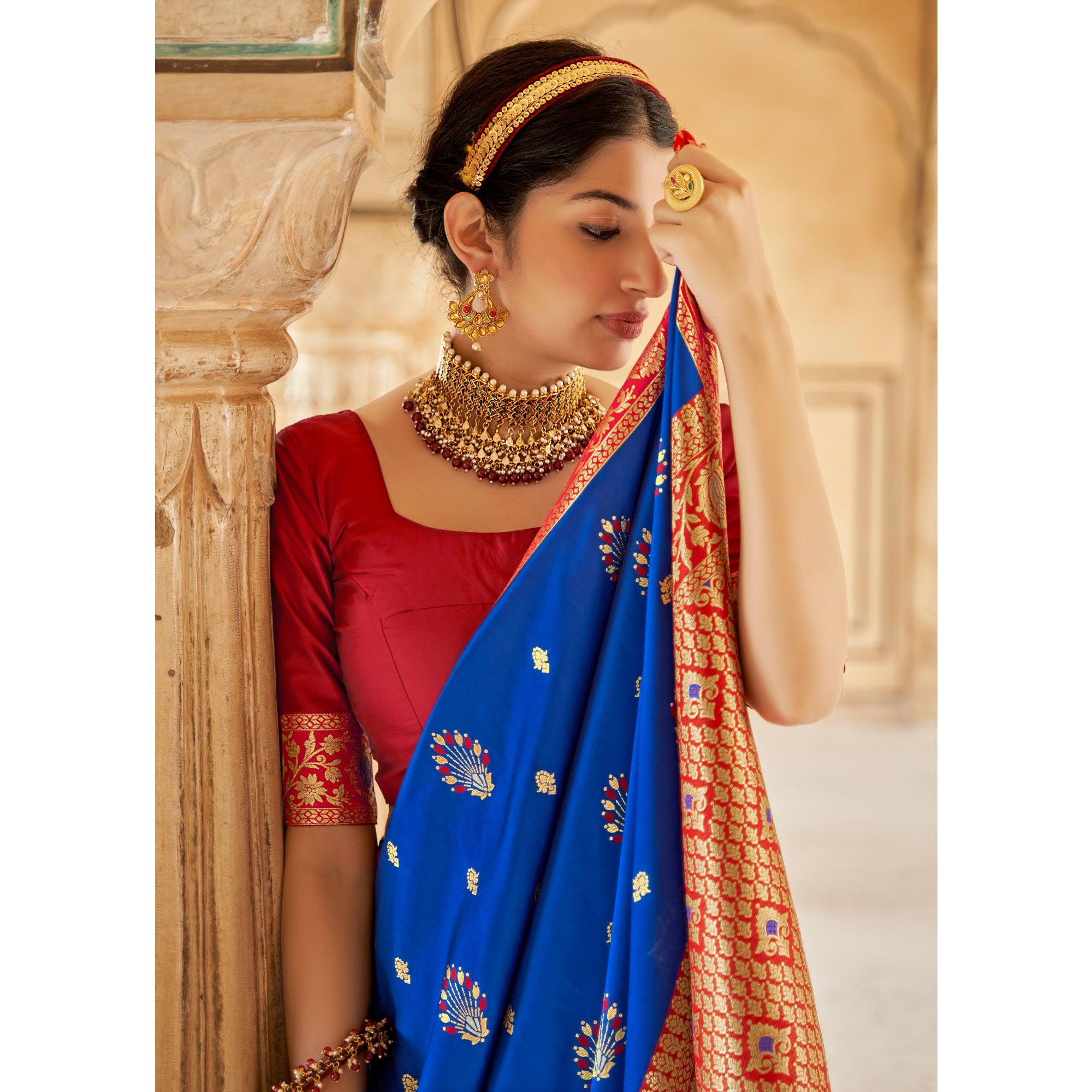 Blue Festive Wear Woven Soft Banarasi Silk Saree - Peachmode