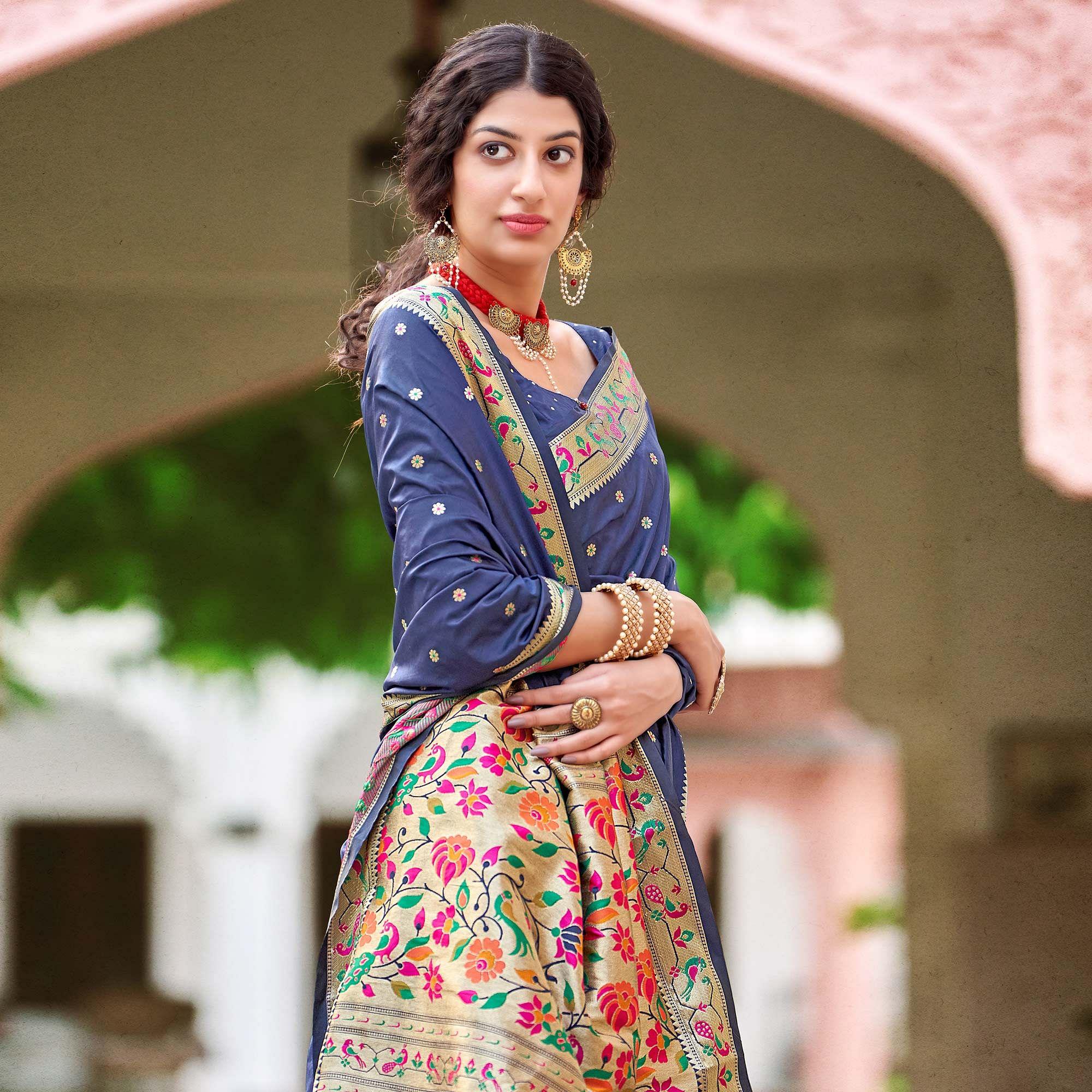 Blue Festive Wear Woven Soft Banarasi Silk Saree - Peachmode