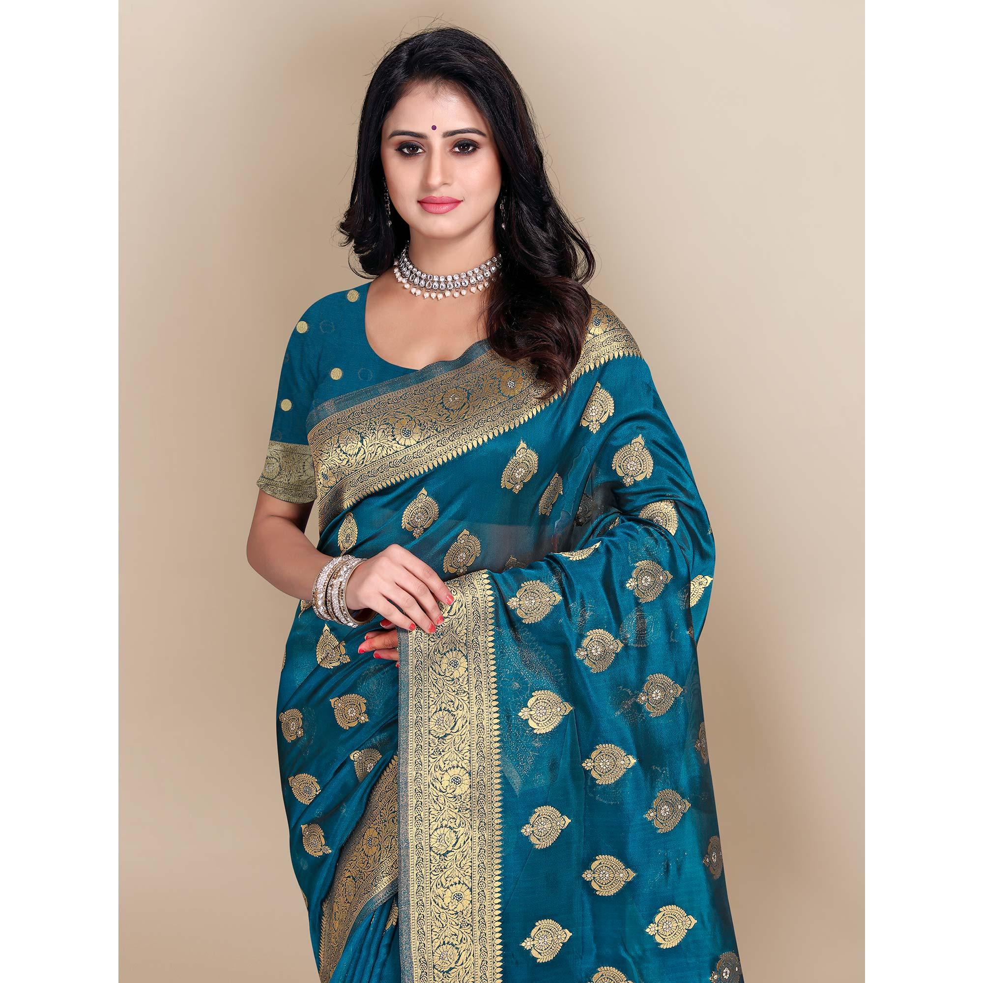 Blue Festive Wear Woven Soft Banarasi Silk Saree - Peachmode