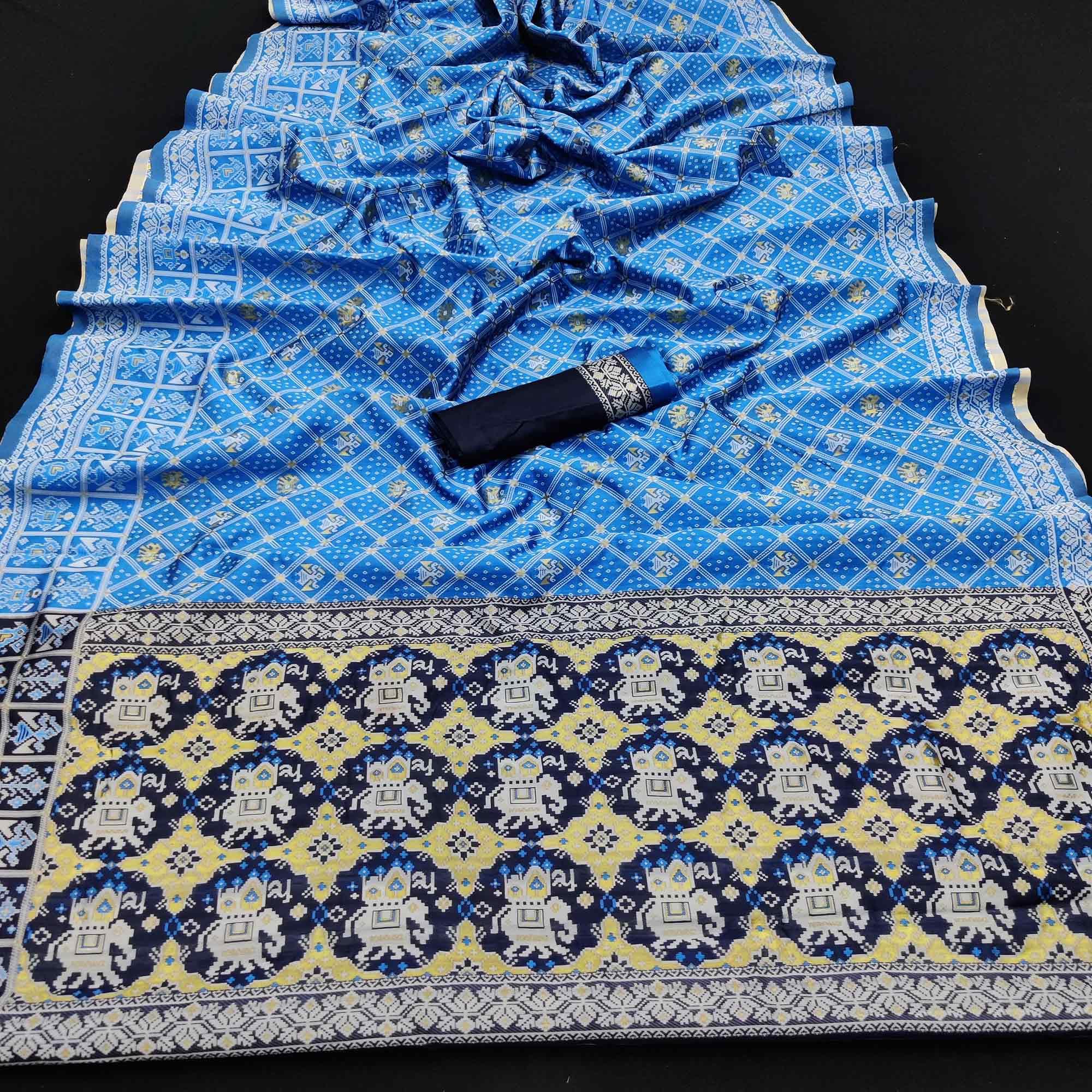 Blue Festive Wear Woven Soft Silk Patola Saree - Peachmode