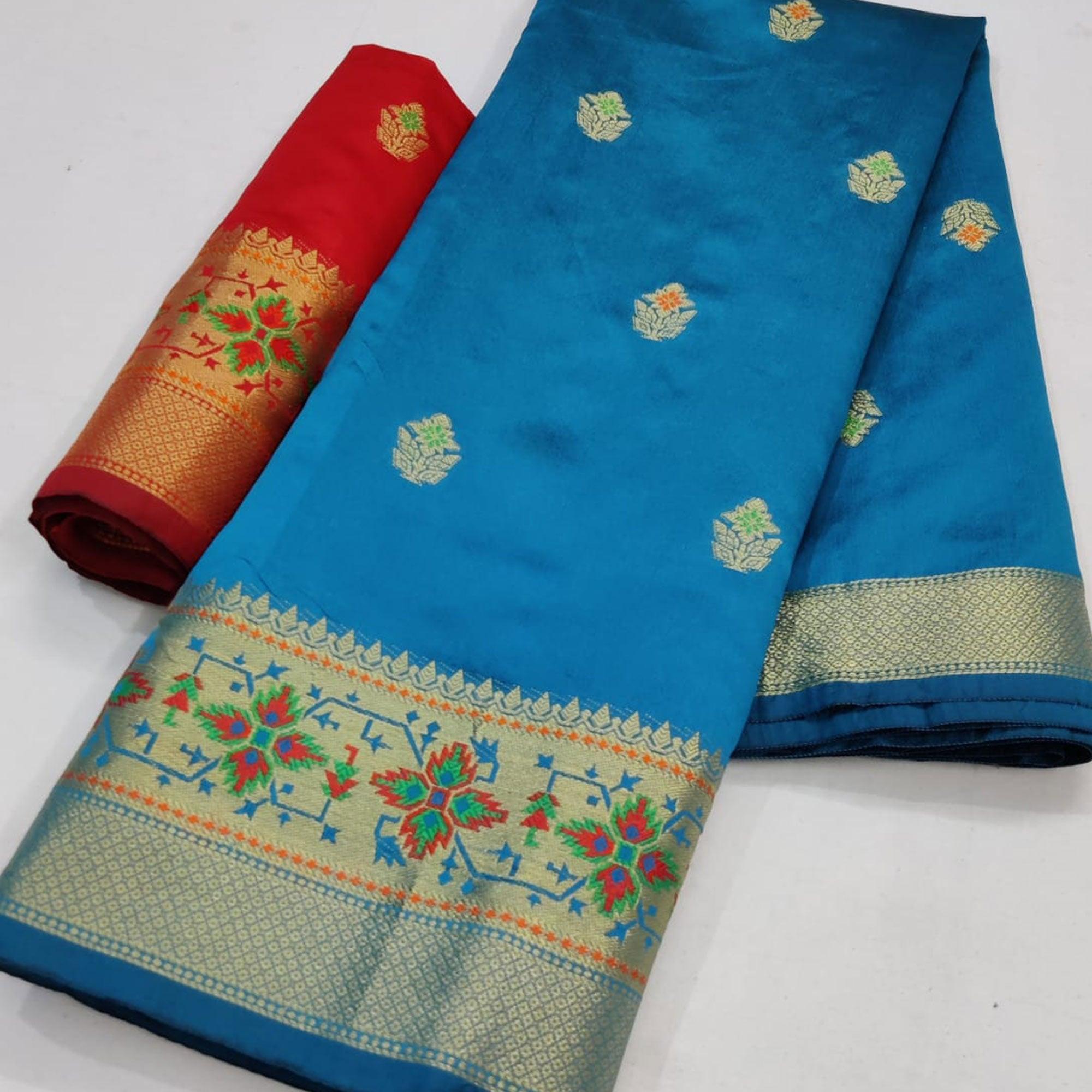 Blue Festive Wear Woven Soft Silk Saree - Peachmode