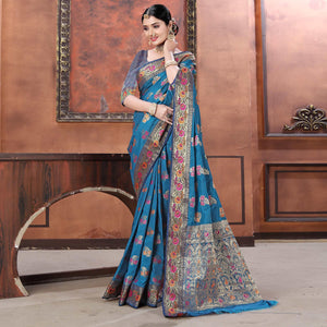 Blue Festive Wear Woven Soft Silk Saree - Peachmode