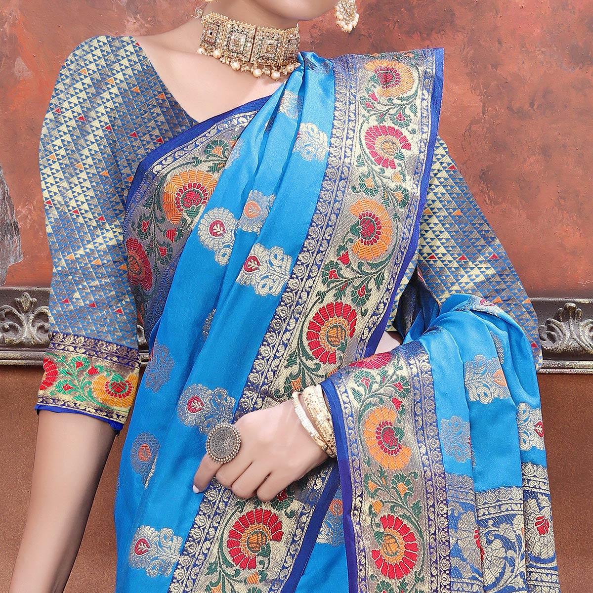 Blue Festive Wear Woven Soft Silk Saree - Peachmode
