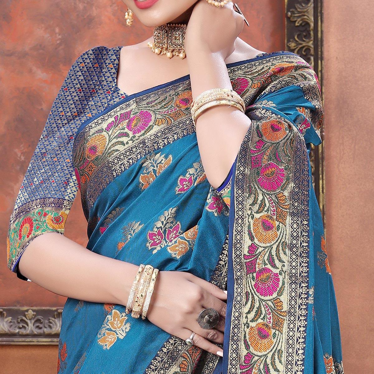 Blue Festive Wear Woven Soft Silk Saree - Peachmode