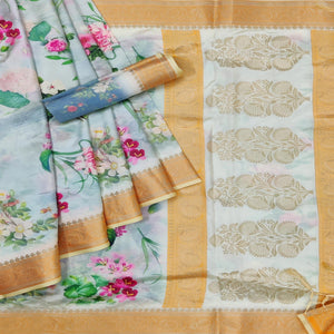 Blue Festive Wear Woven With Digital Floral Printed Silk Saree - Peachmode