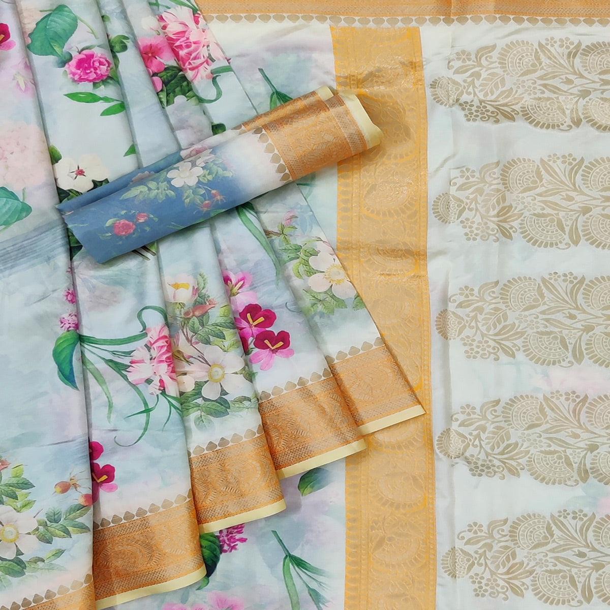 Blue Festive Wear Woven With Digital Floral Printed Silk Saree - Peachmode