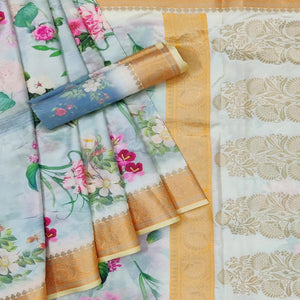 Blue Festive Wear Woven With Digital Floral Printed Silk Saree - Peachmode