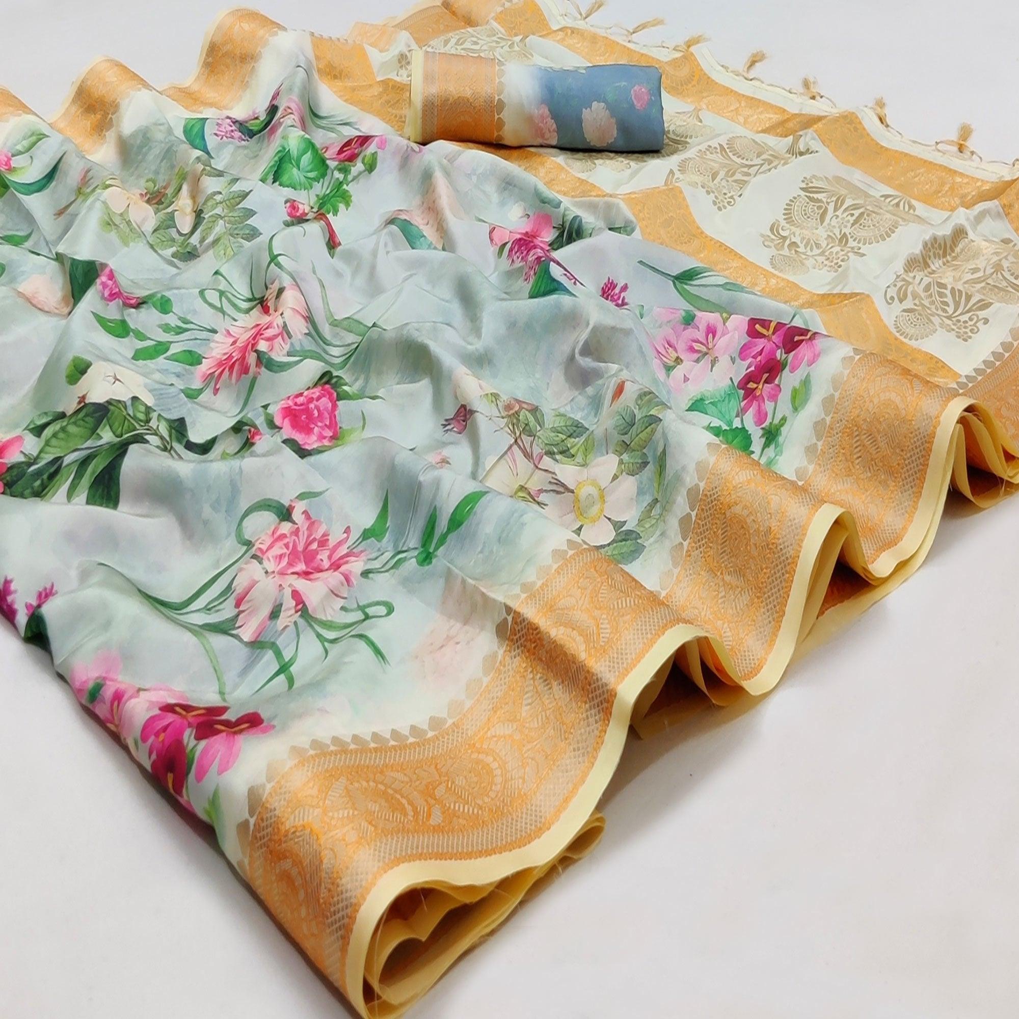 Blue Festive Wear Woven With Digital Floral Printed Silk Saree - Peachmode