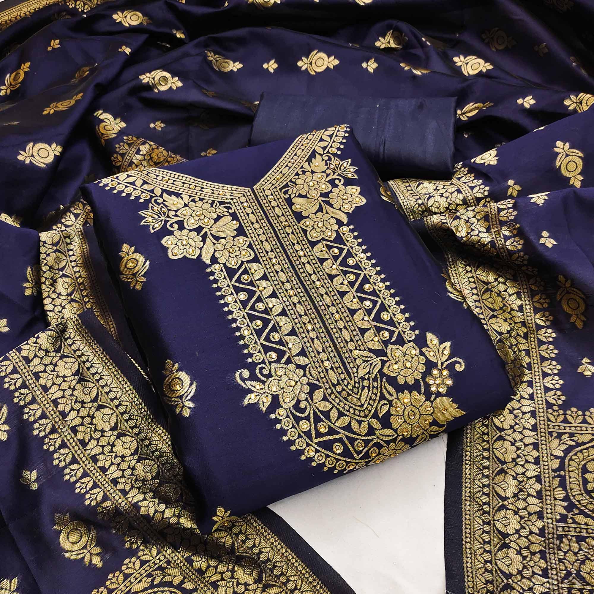 Blue Festive Wear Woven With Embellished Jacquard Dress Material - Peachmode