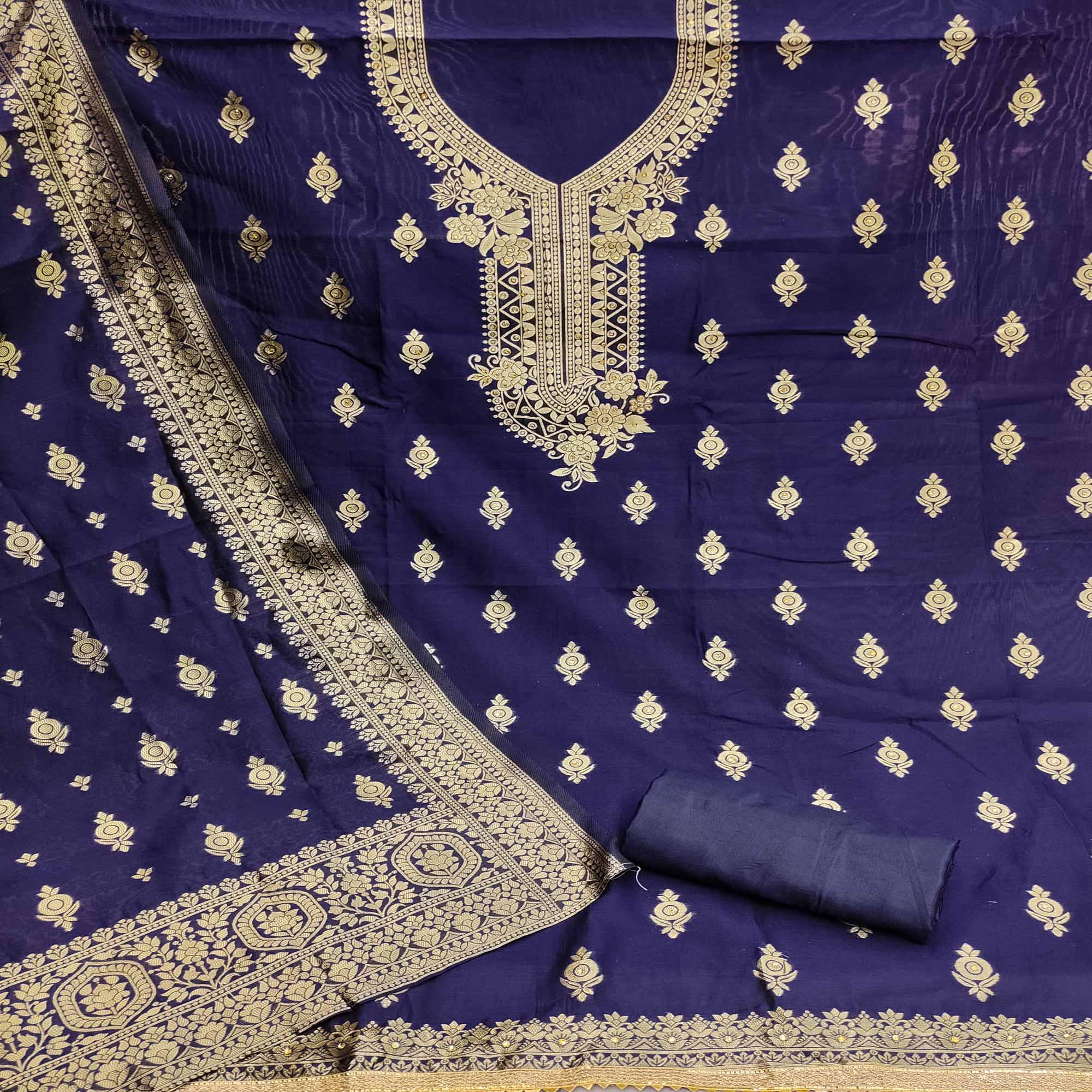 Blue Festive Wear Woven With Embellished Jacquard Dress Material - Peachmode