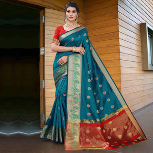 Blue Festive Wear Woven With Meena Butta Lining Pallu Soft Silk Saree - Peachmode