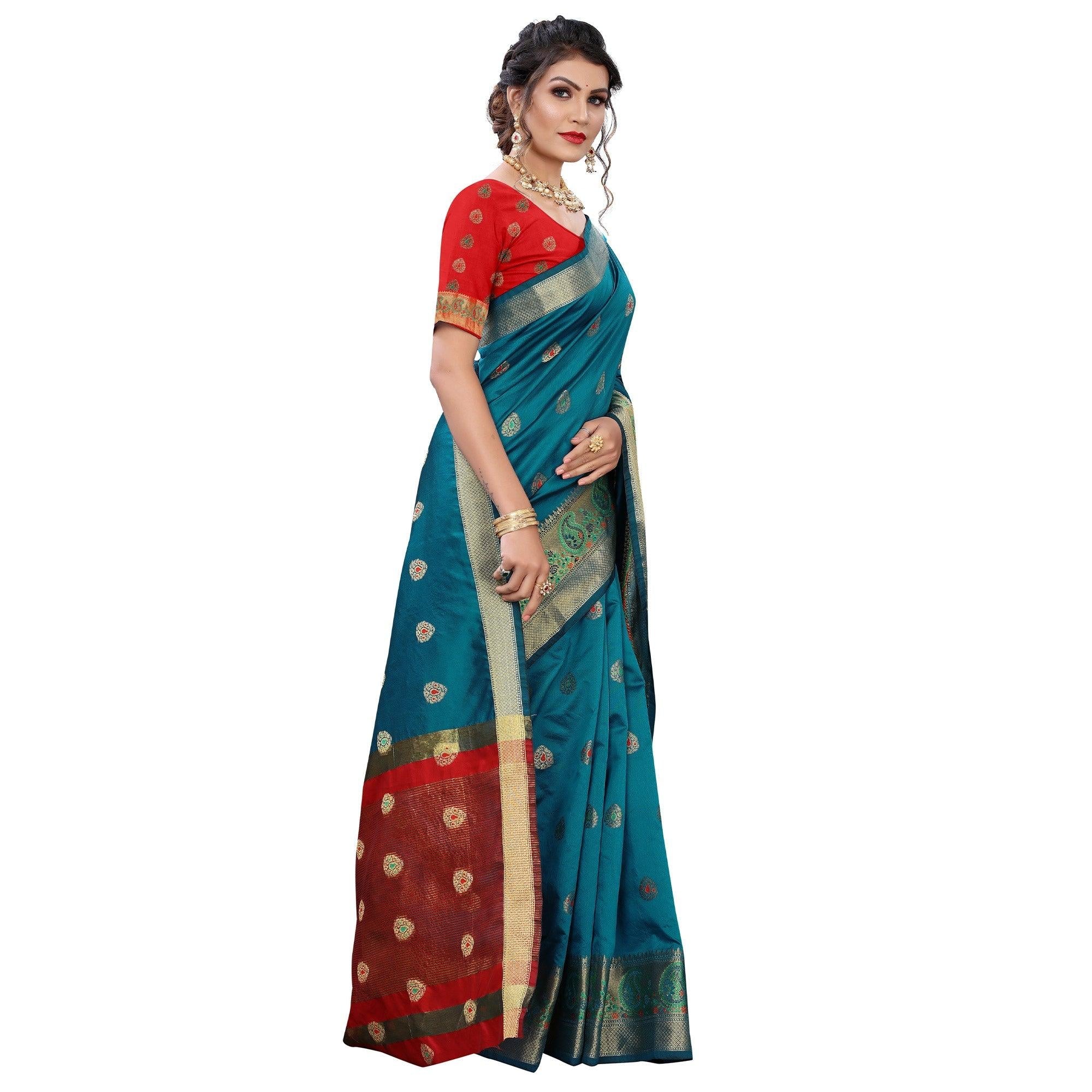 Blue Festive Wear Woven With Meena Butta Lining Pallu Soft Silk Saree - Peachmode