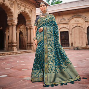 Blue Festive Wear Woven With Zari & Diamond Work Banarasi Silk Saree - Peachmode