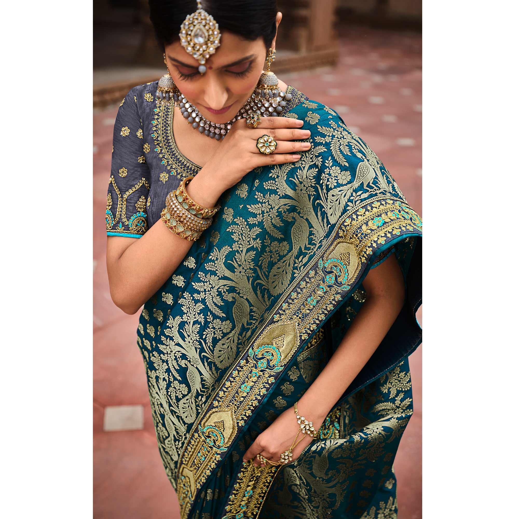 Blue Festive Wear Woven With Zari & Diamond Work Banarasi Silk Saree - Peachmode