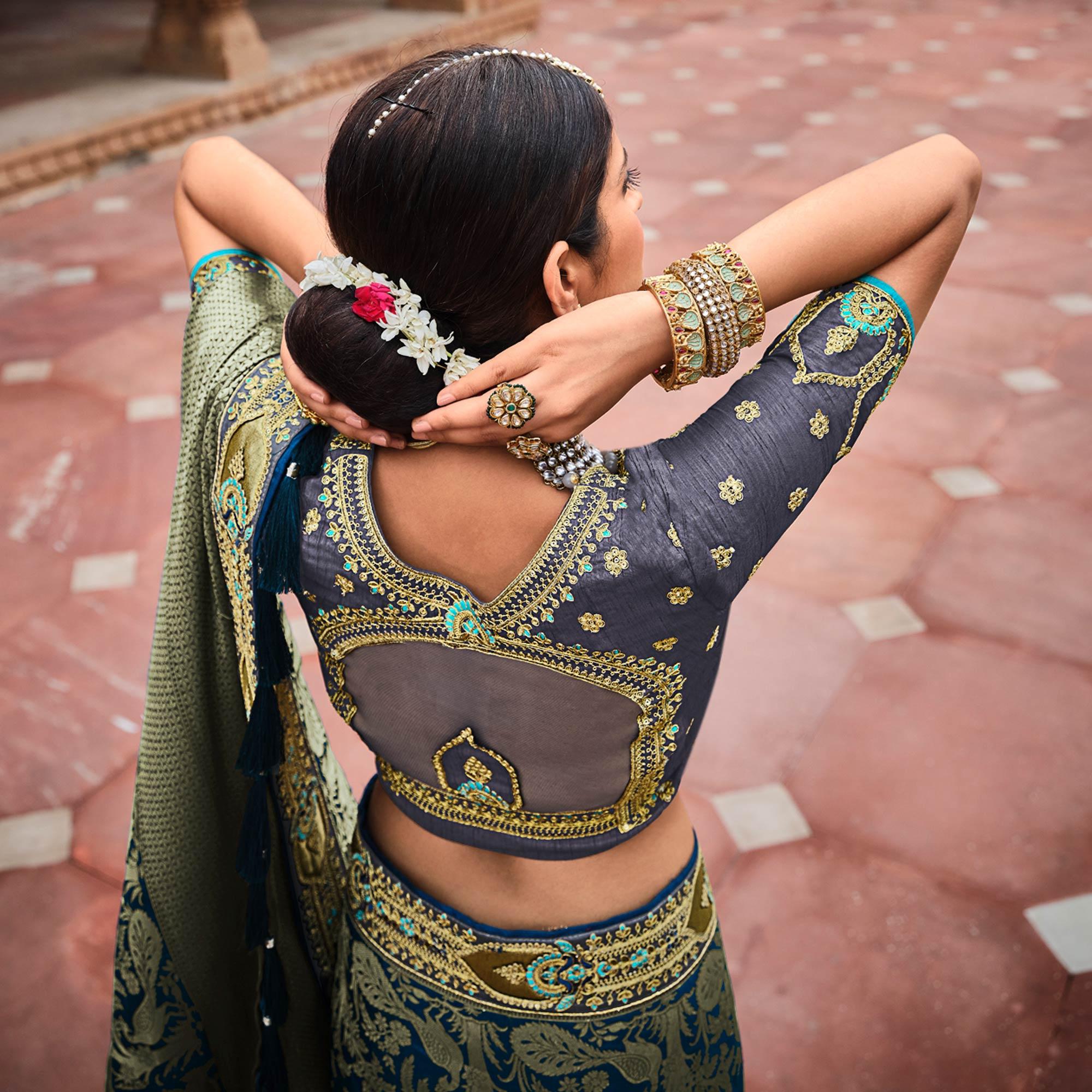 Blue Festive Wear Woven With Zari & Diamond Work Banarasi Silk Saree - Peachmode