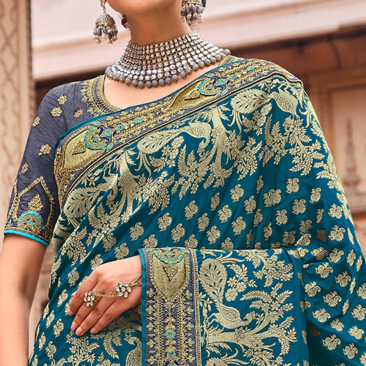Blue Festive Wear Woven With Zari & Diamond Work Banarasi Silk Saree - Peachmode