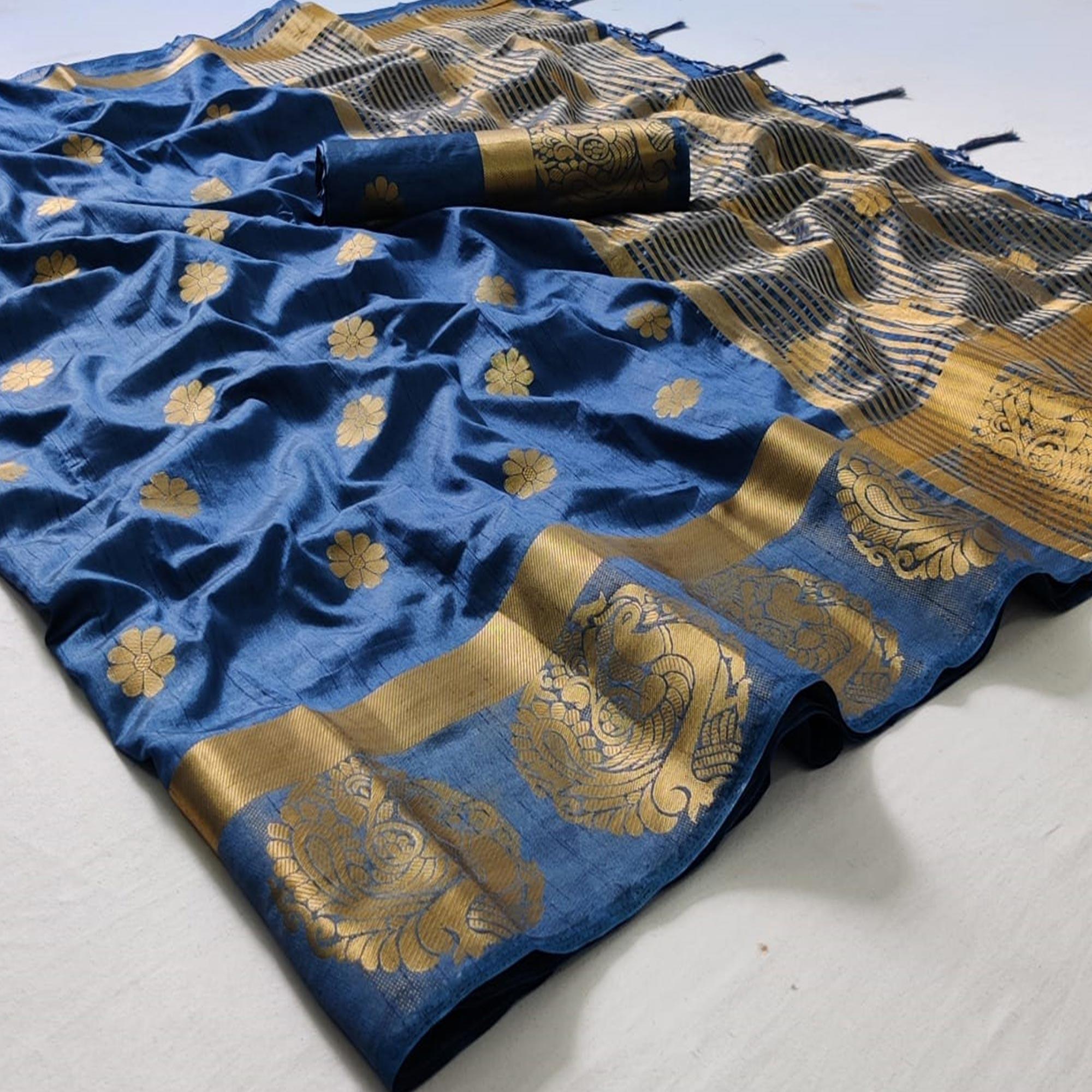 Blue Festive Wear Zari Butta Woven Art Raw Silk Saree - Peachmode