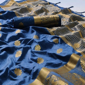 Blue Festive Wear Zari Butta Woven Art Raw Silk Saree - Peachmode