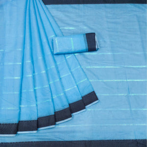 Blue Festive Wear Zari Stripe Cotton Saree - Peachmode