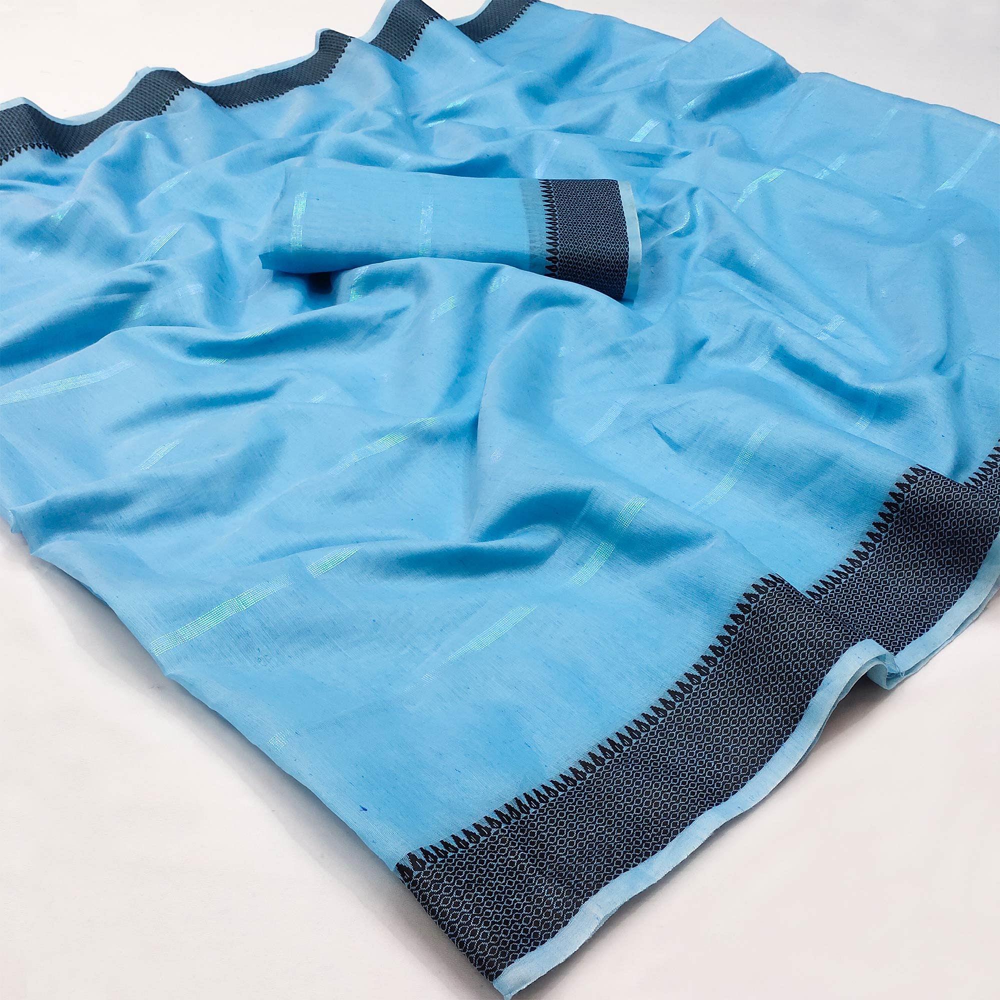 Blue Festive Wear Zari Stripe Cotton Saree - Peachmode