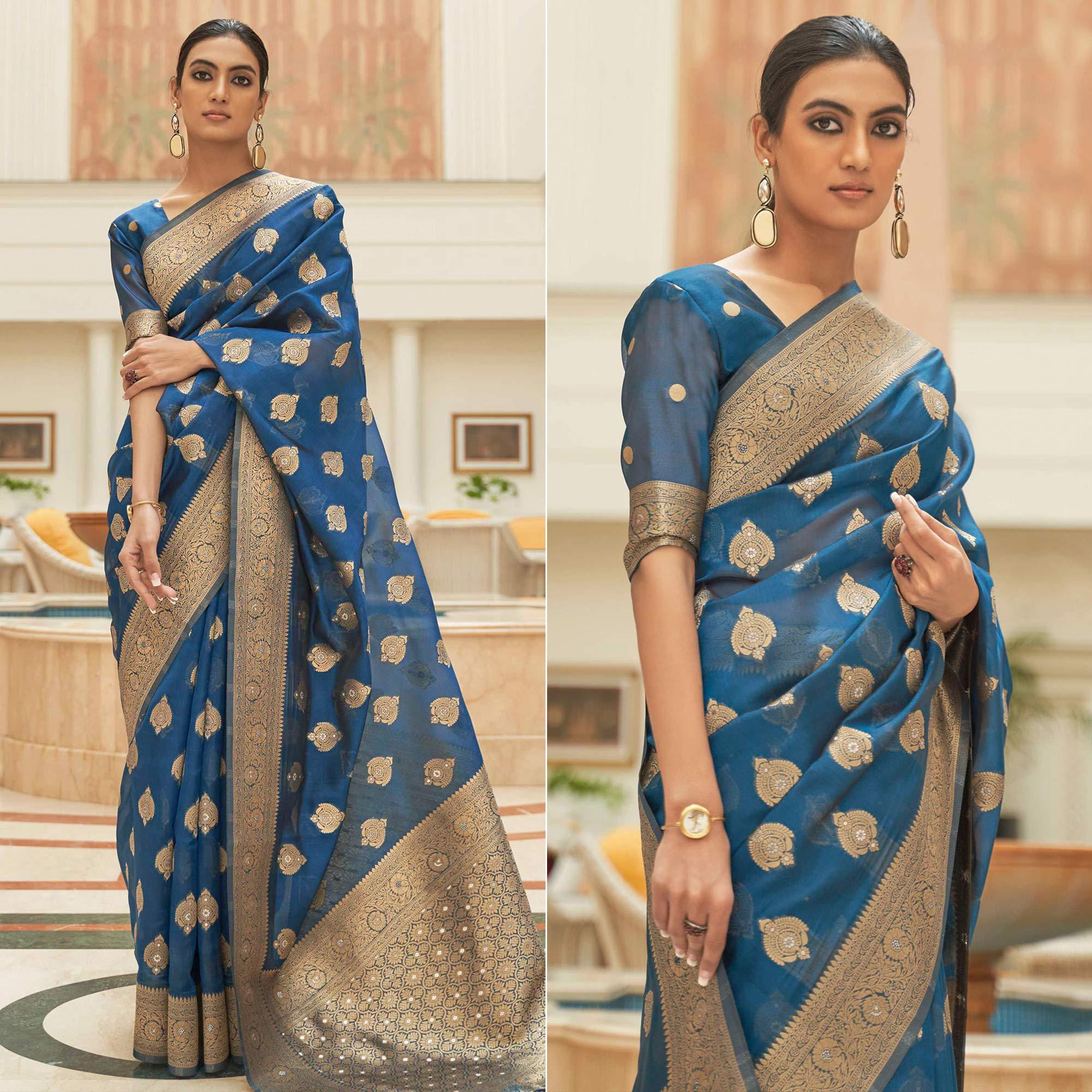 Blue Festive Wear Zari Woven Organza Silk Saree With Tassels - Peachmode