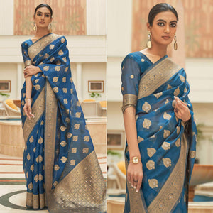 Blue Festive Wear Zari Woven Organza Silk Saree With Tassels - Peachmode