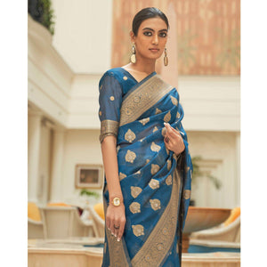 Blue Festive Wear Zari Woven Organza Silk Saree With Tassels - Peachmode