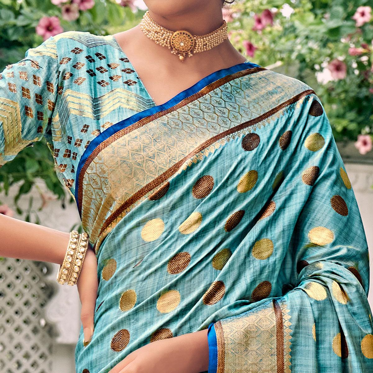 Blue Festive Wear Zari Woven Soft Ghichaa Silk Saree - Peachmode