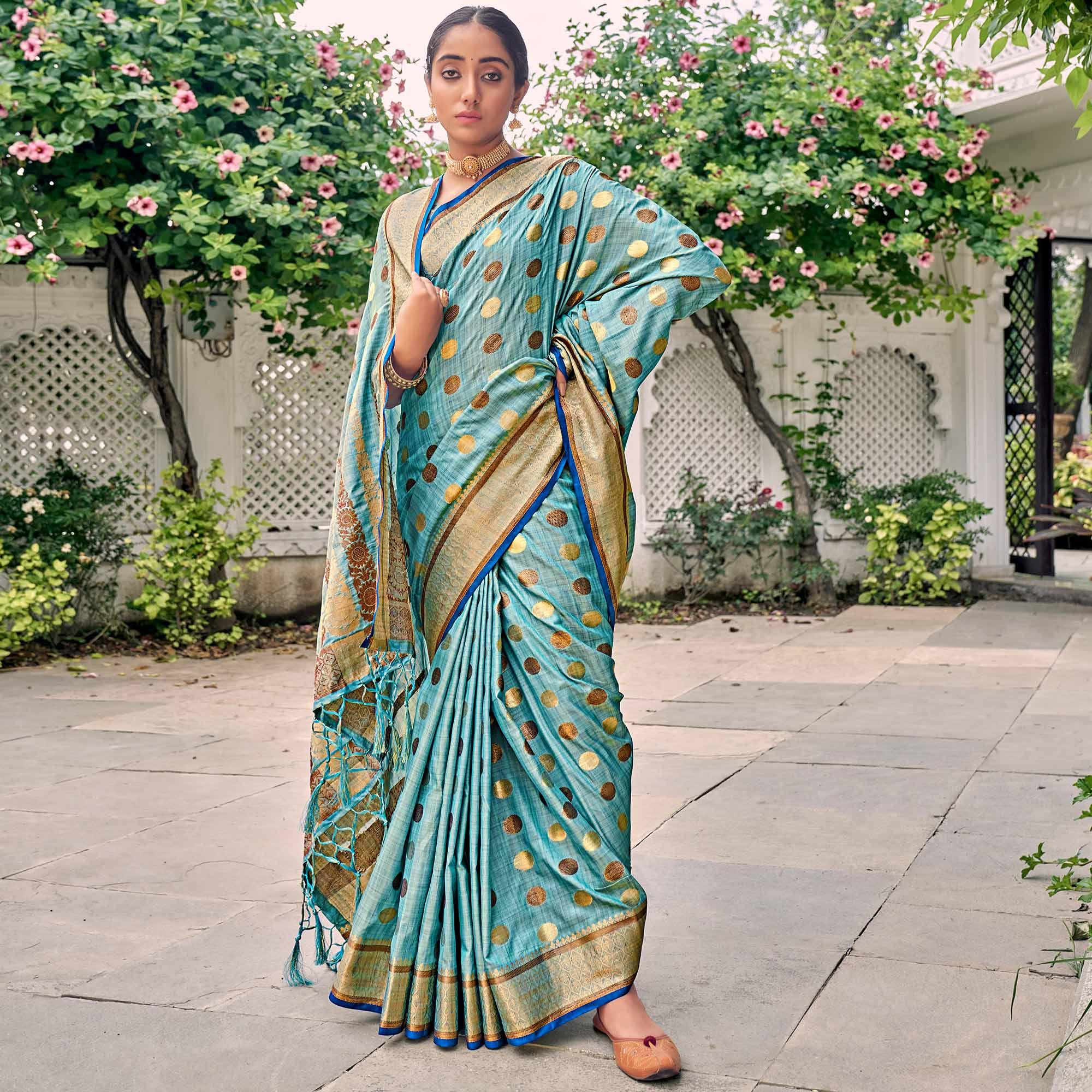 Blue Festive Wear Zari Woven Soft Ghichaa Silk Saree - Peachmode