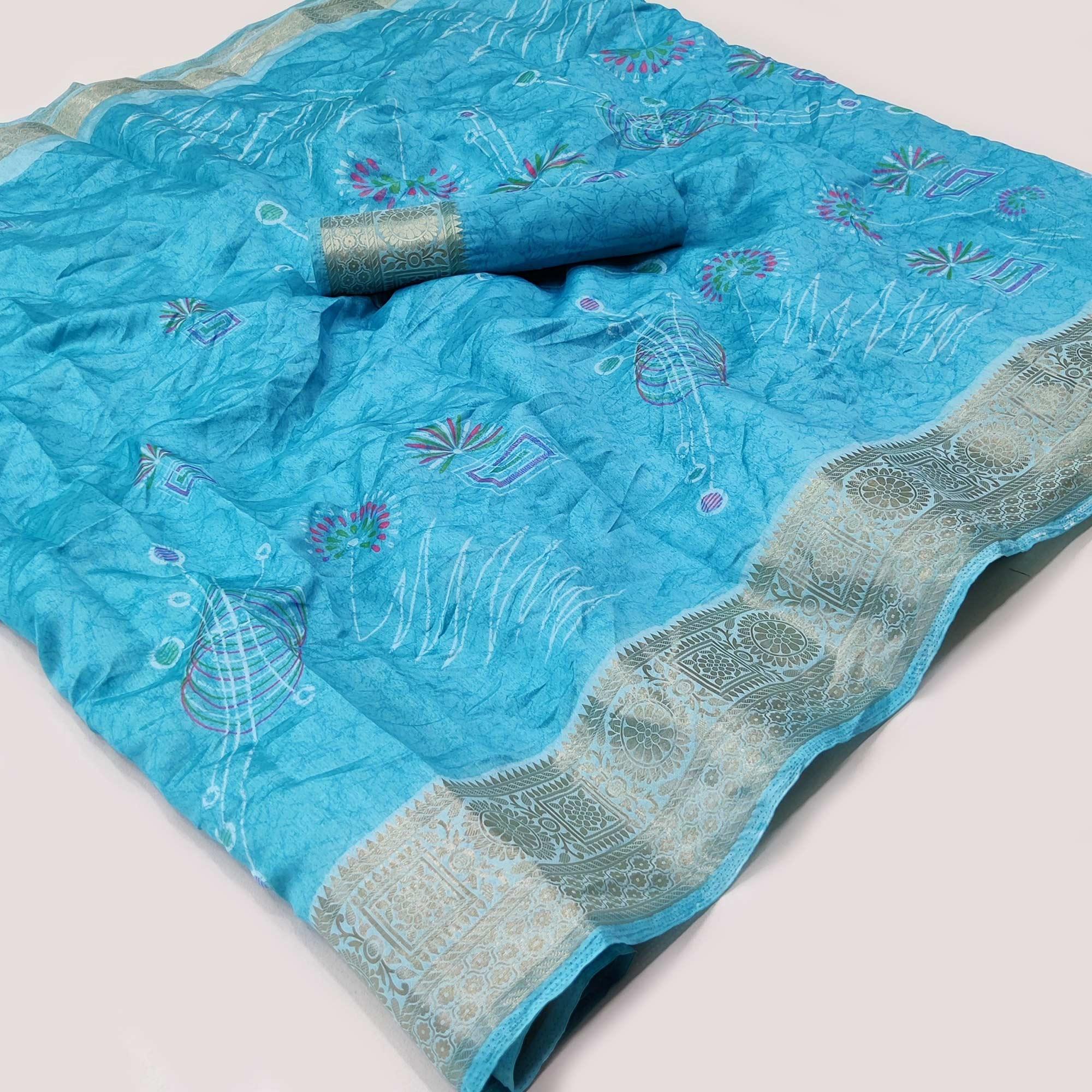 Blue Floral And Geometric Printed Dola Silk Saree - Peachmode