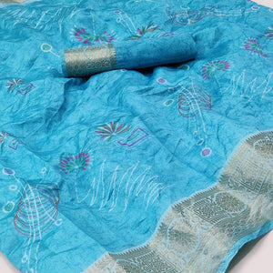 Blue Floral And Geometric Printed Dola Silk Saree - Peachmode