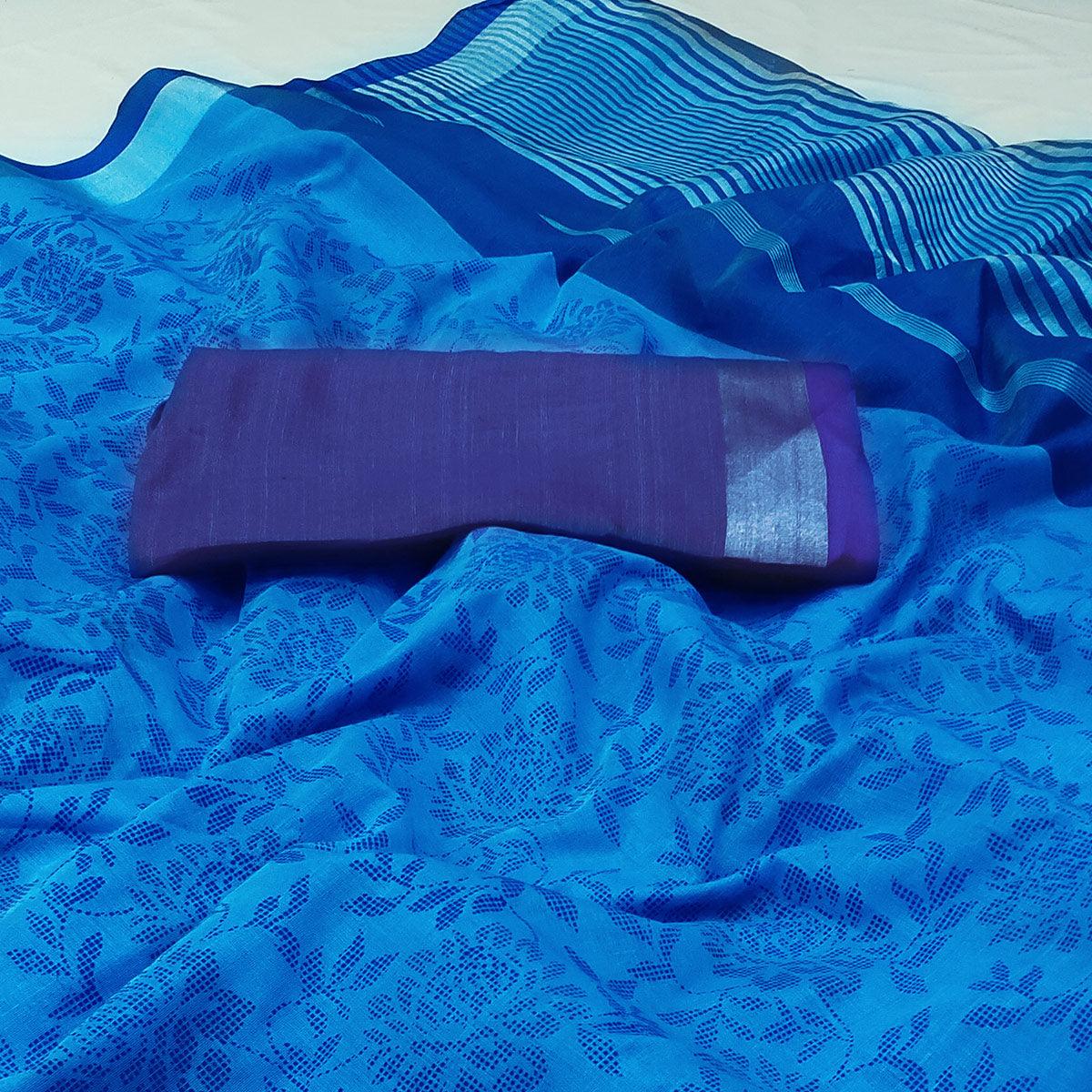 Blue Floral Block Printed Chanderi Saree - Peachmode