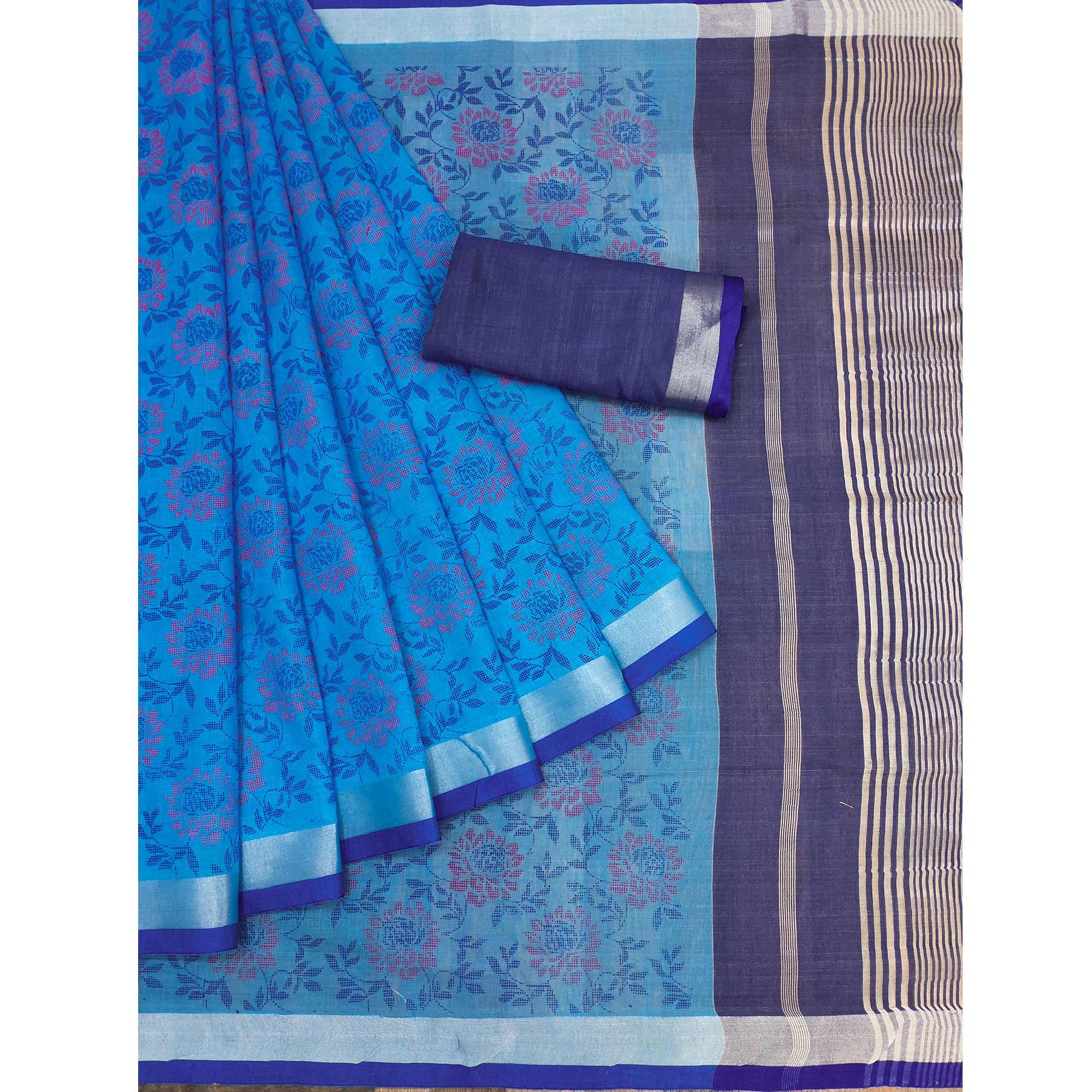 Blue Floral Block Printed Chanderi Saree - Peachmode