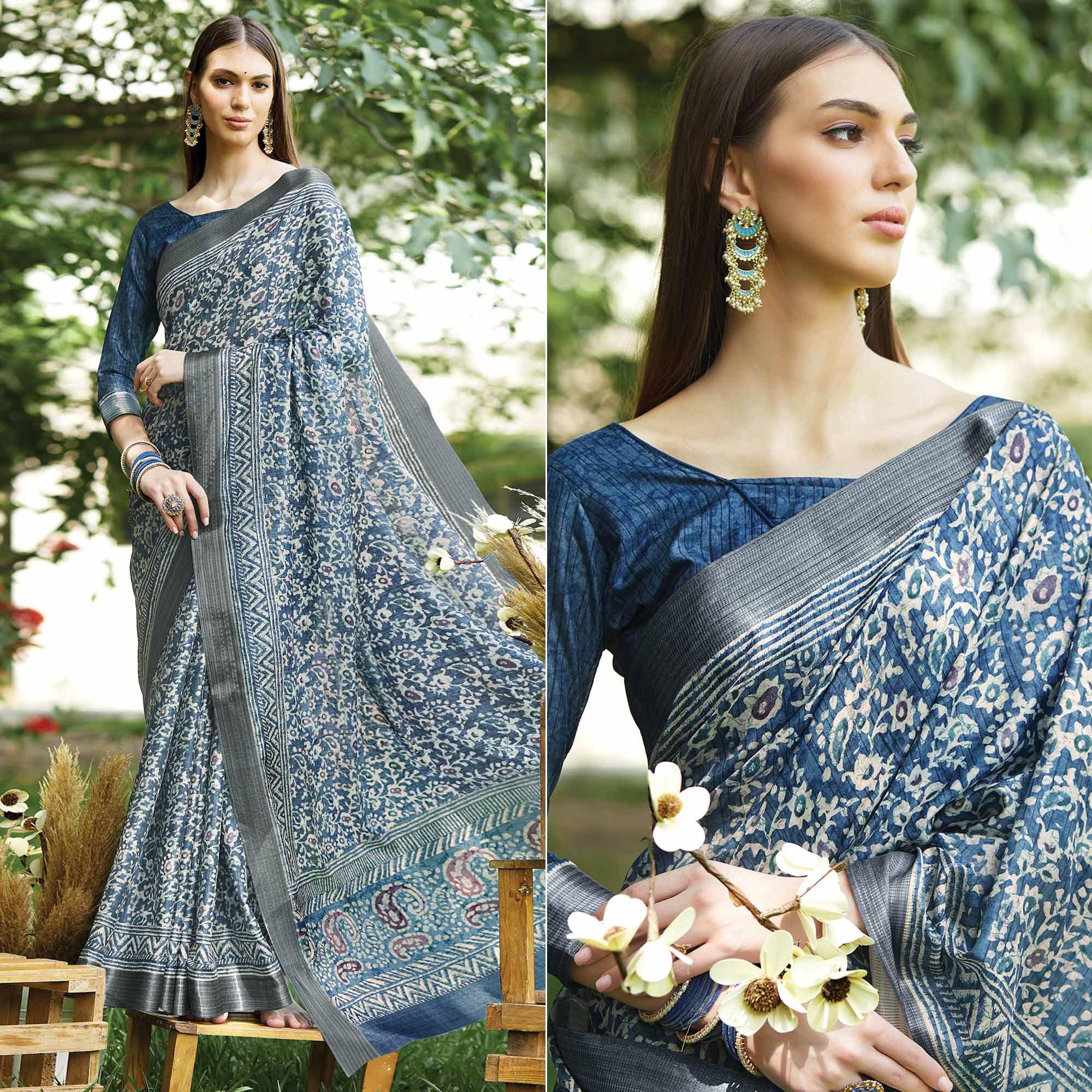 Blue Floral Digital Printed Art Silk Saree - Peachmode