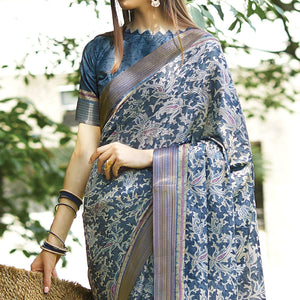Blue Floral Digital Printed Art Silk Saree - Peachmode