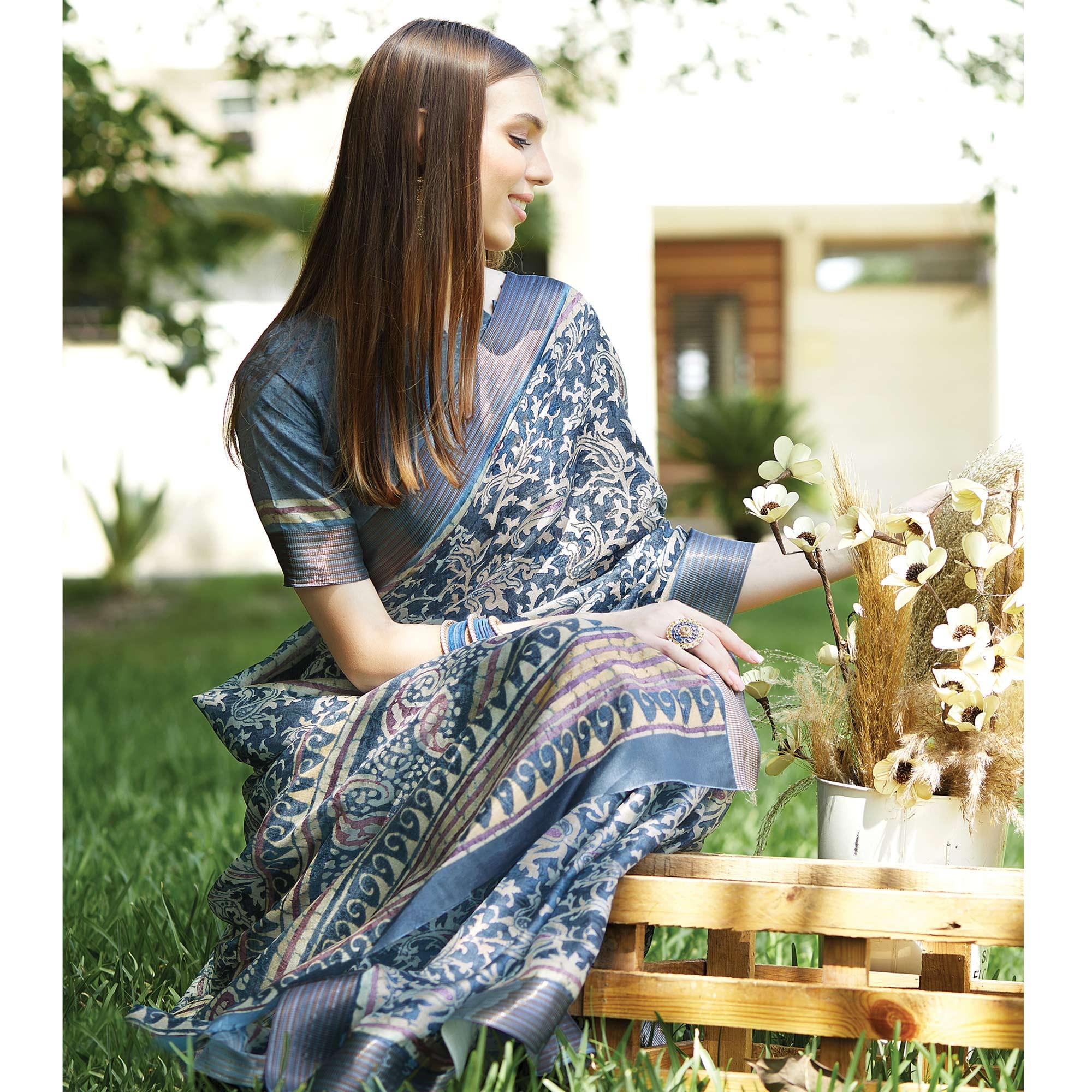 Blue Floral Digital Printed Art Silk Saree - Peachmode