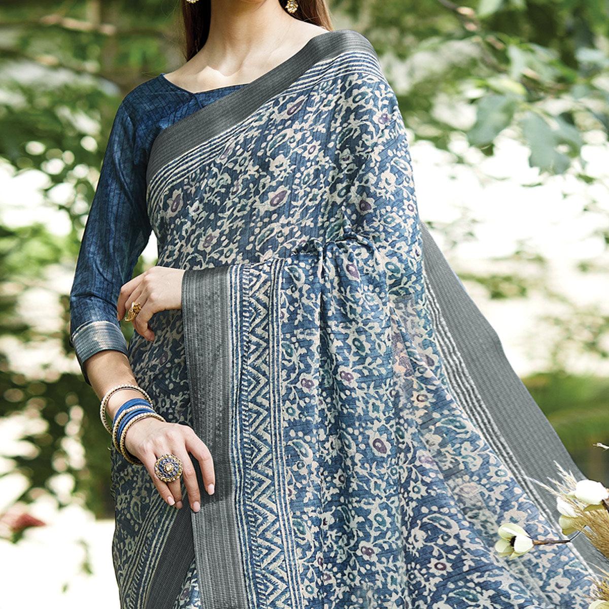 Blue Floral Digital Printed Art Silk Saree - Peachmode