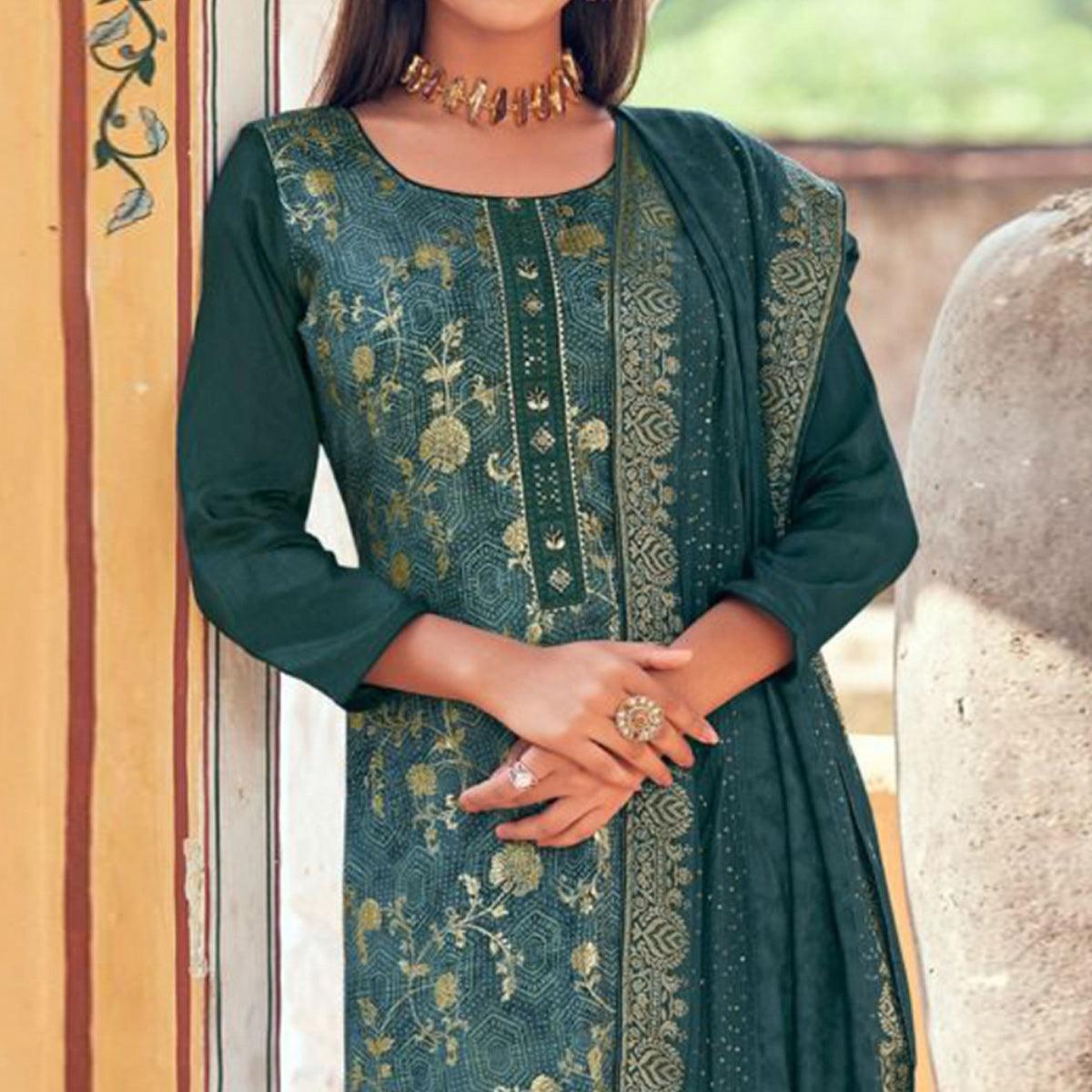 Blue Floral Digital Printed Dola Silk Salwar Suit - Peachmode