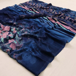 Blue Floral Digital Printed Georgette Saree - Peachmode