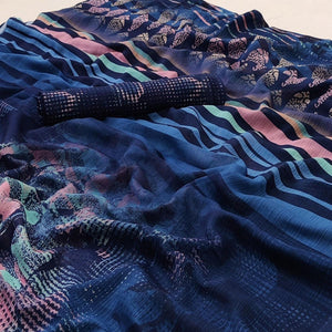 Blue Floral Digital Printed Georgette Saree - Peachmode