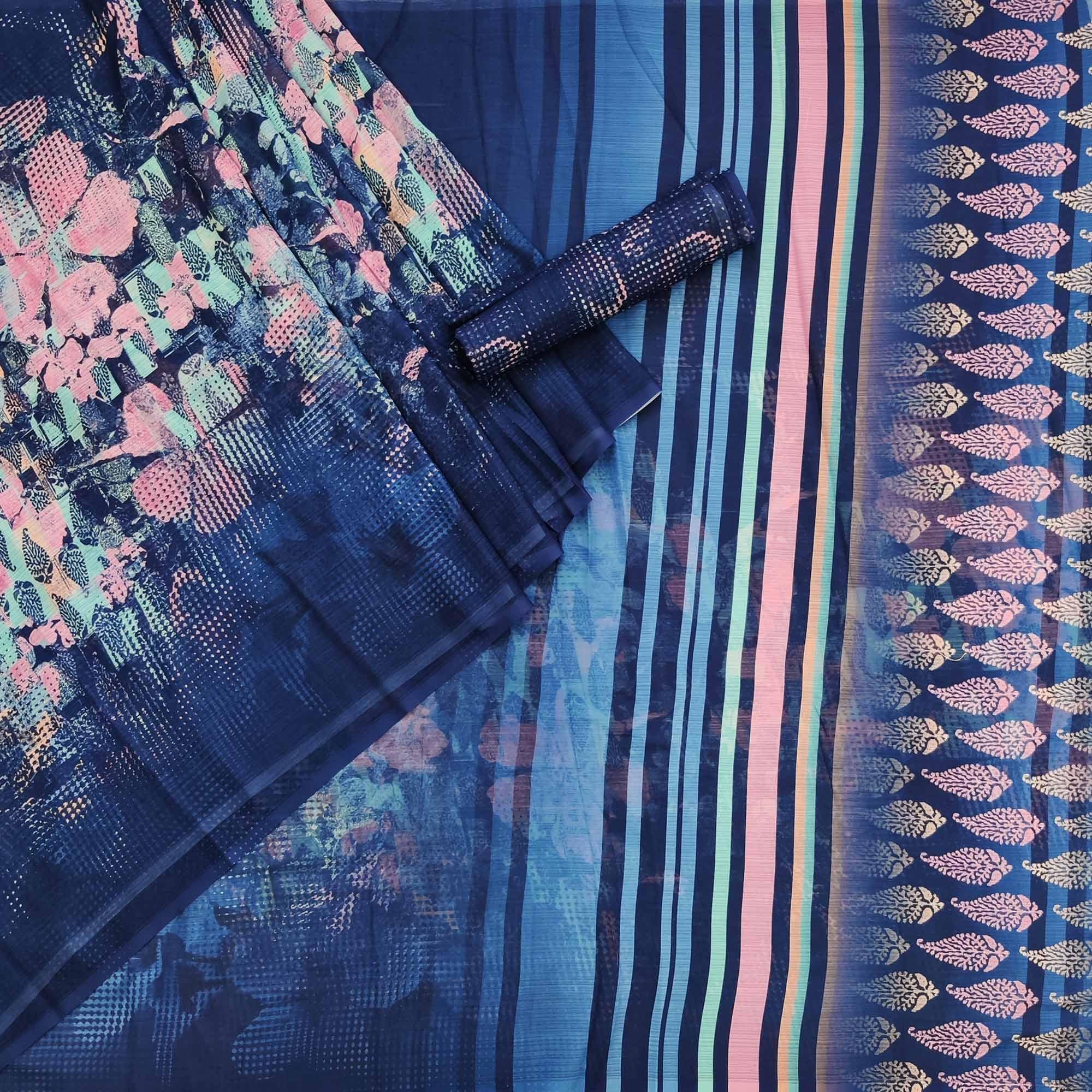 Blue Floral Digital Printed Georgette Saree - Peachmode