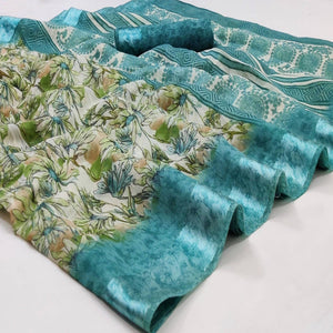 Blue Floral Digital Printed Pure Linen Saree Satin Border - Peachmode